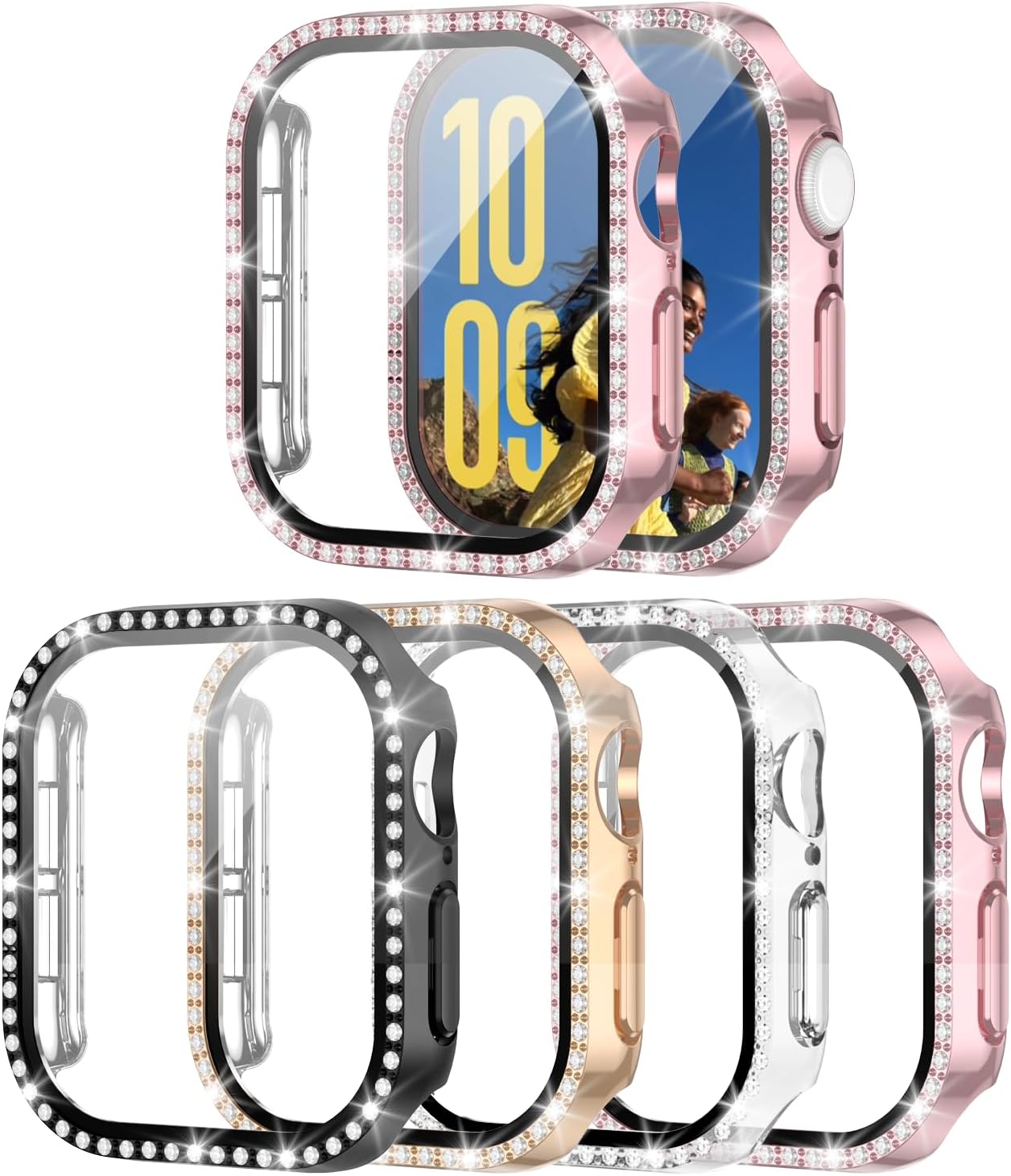 4 Pack Bling Case for Apple Watch Series 11 (2025) Series 10 42mm, Glitter Rhinestone Diamonds Protective Case with Tempered Glass Screen Protector Cover for iWatch Series 11/10 42mm for Women